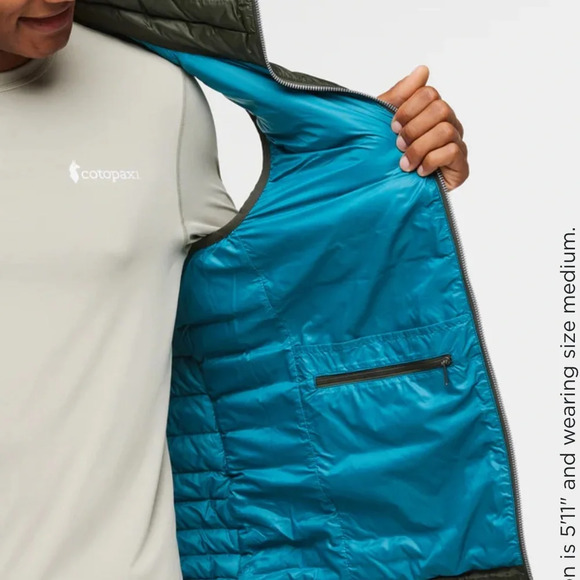 Cotopaxi Men's XL Fuego Down Vest Green Blue Woods Stripes NWT Puffy Puff Puffer - Picture 11 of 15
